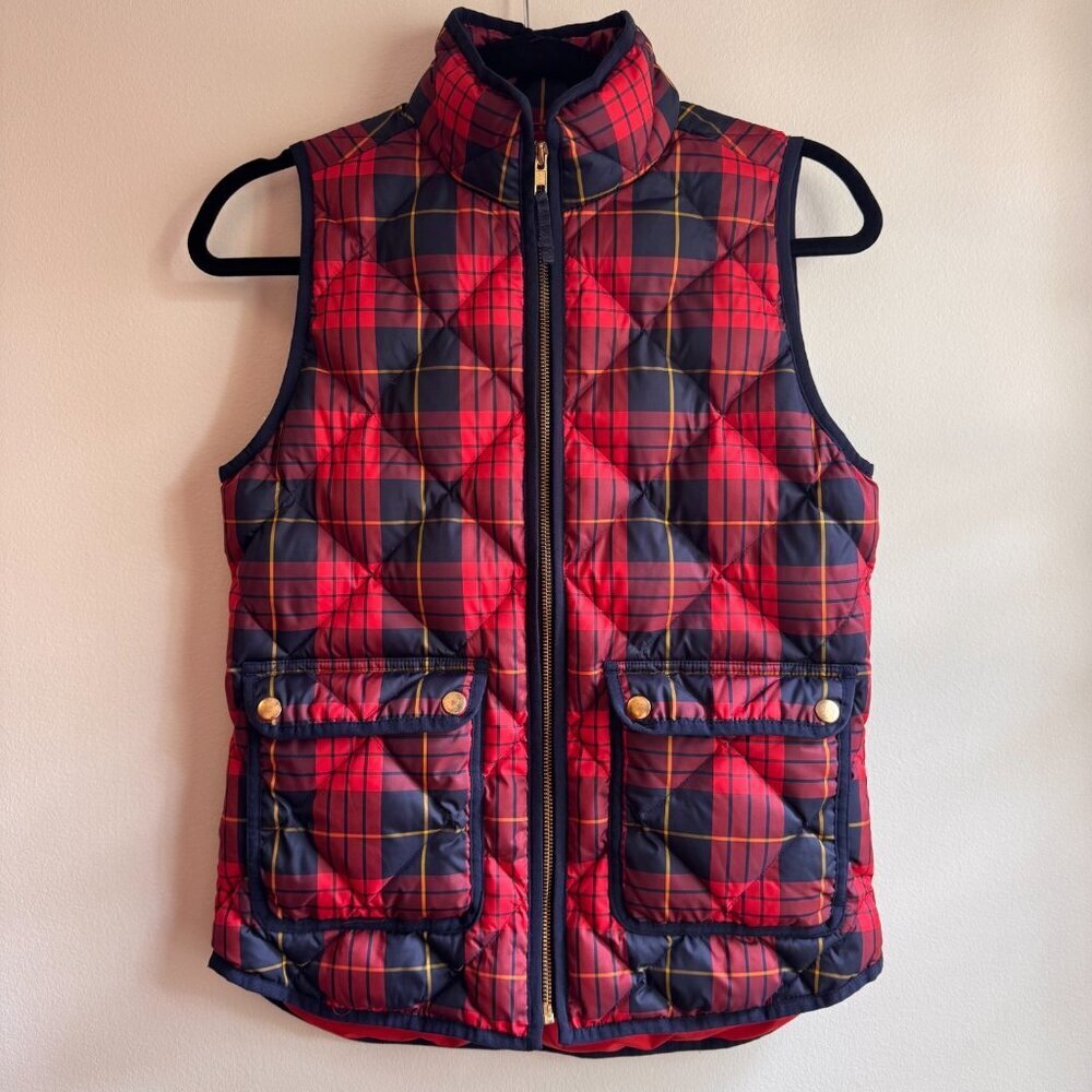 J.Crew Vest Womens XXS Red Blue Tartan Plaid Down Puffer Jacket Quilted